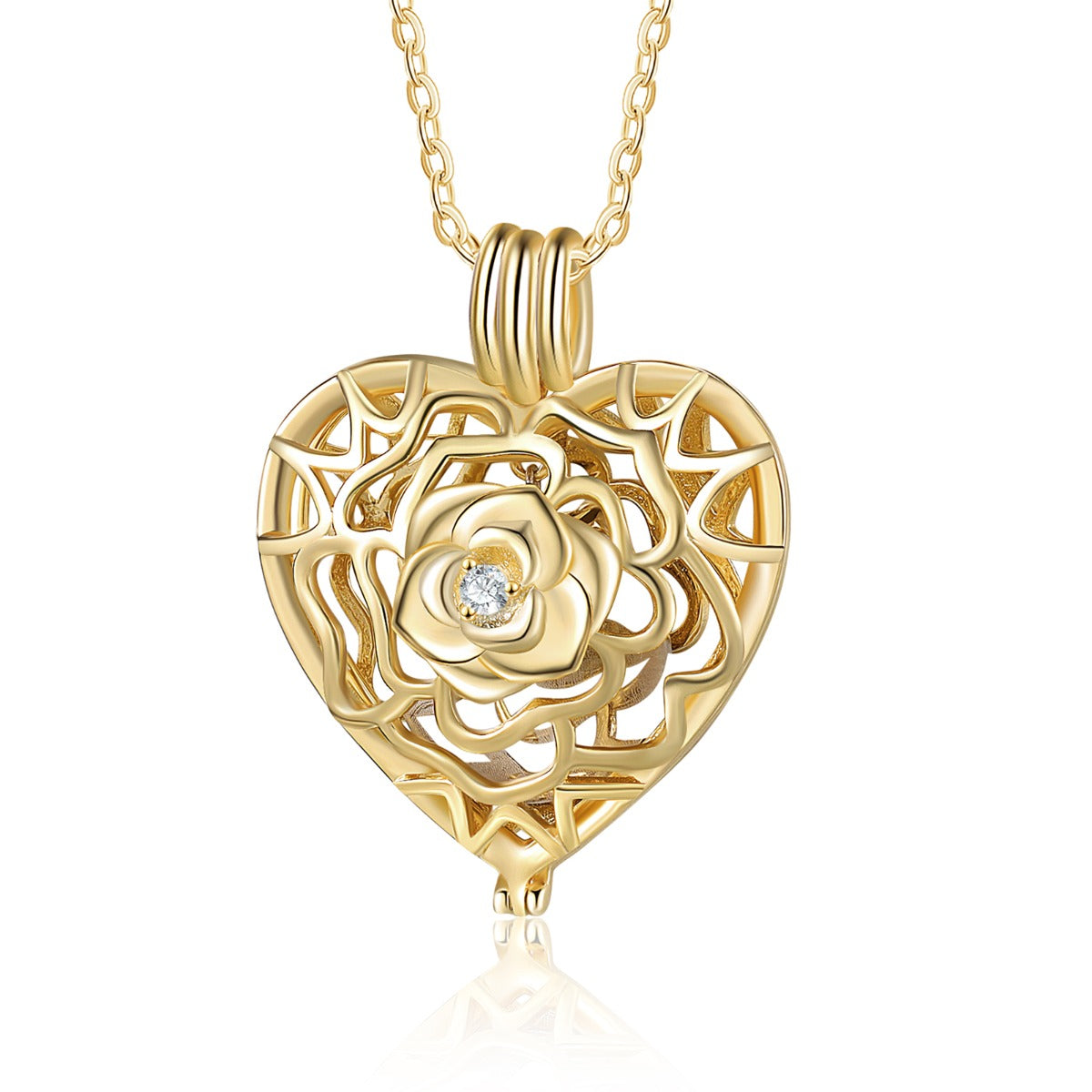 Rhodium Plated Hollow Heart Rose Flower Photo Necklace