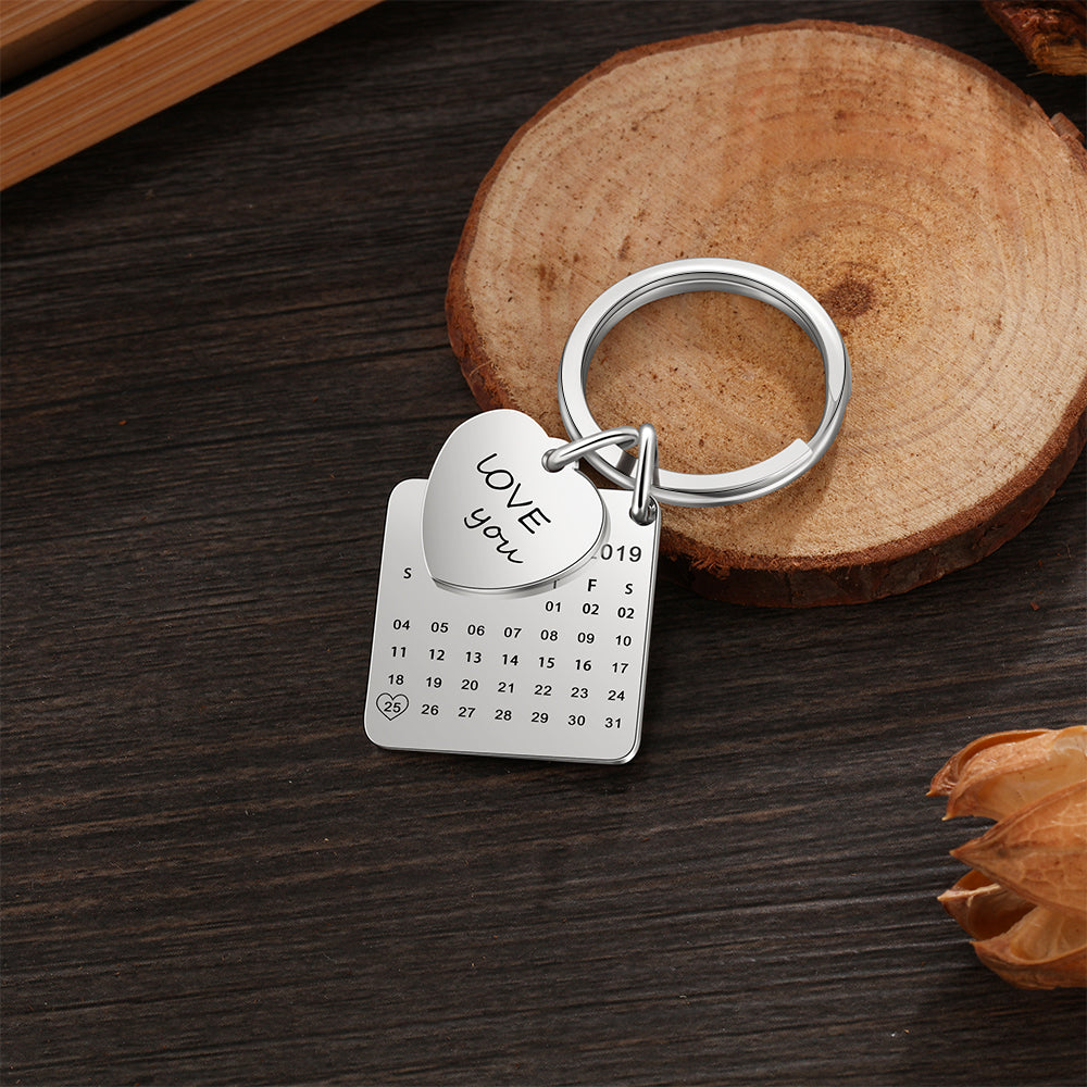 Engraved Stainless Steal Calendar Photo Keychain