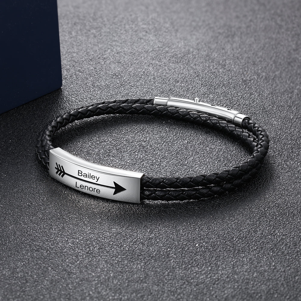 Engraved Stainless Steel Leather Bracelet