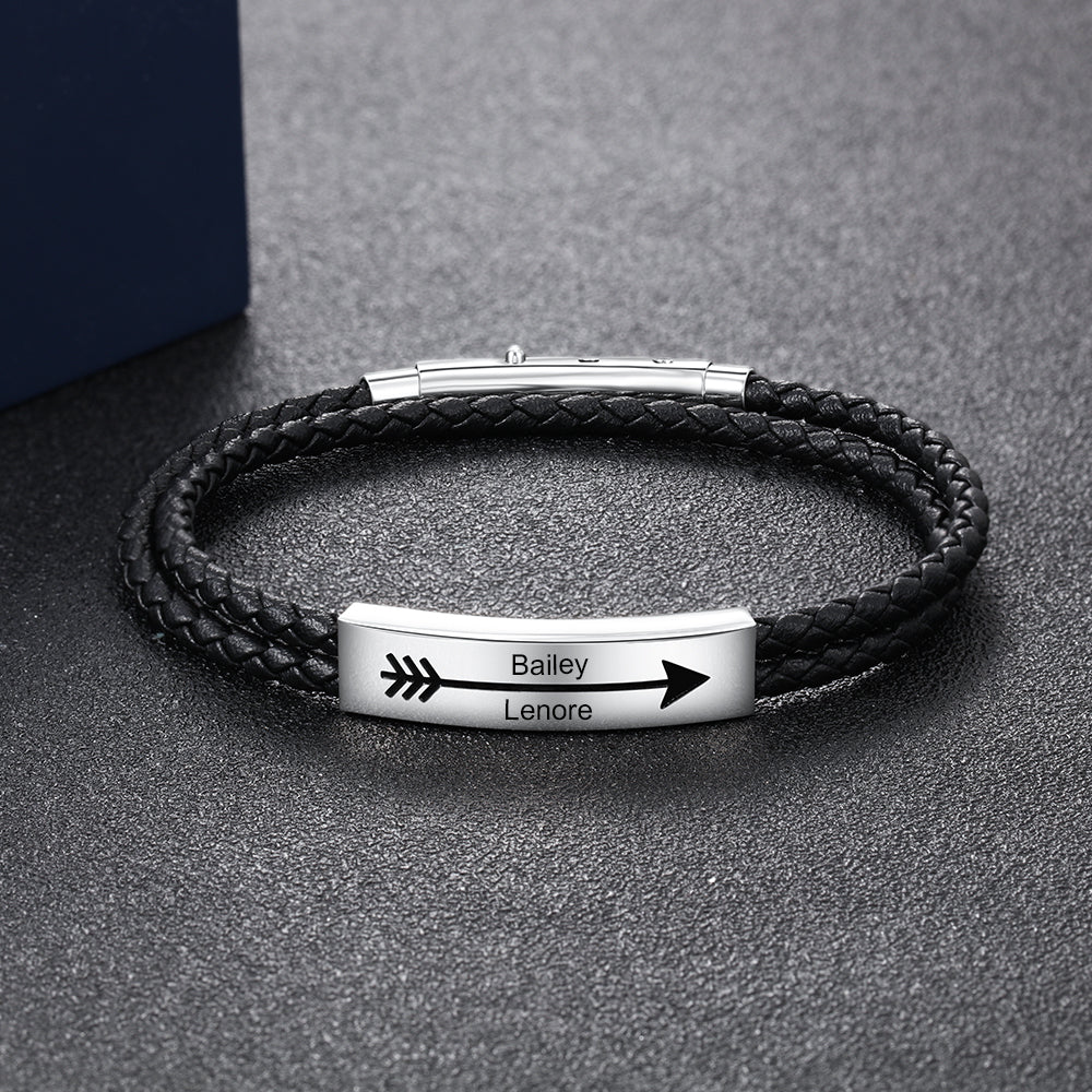 Engraved Stainless Steel Leather Bracelet