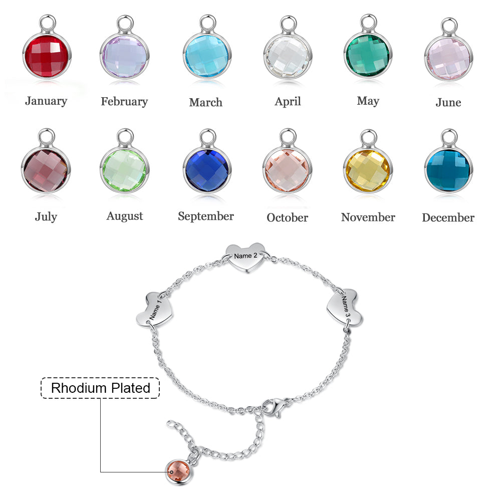 Engraved Stainless Steel Birthstone Heart Charm Bracelet