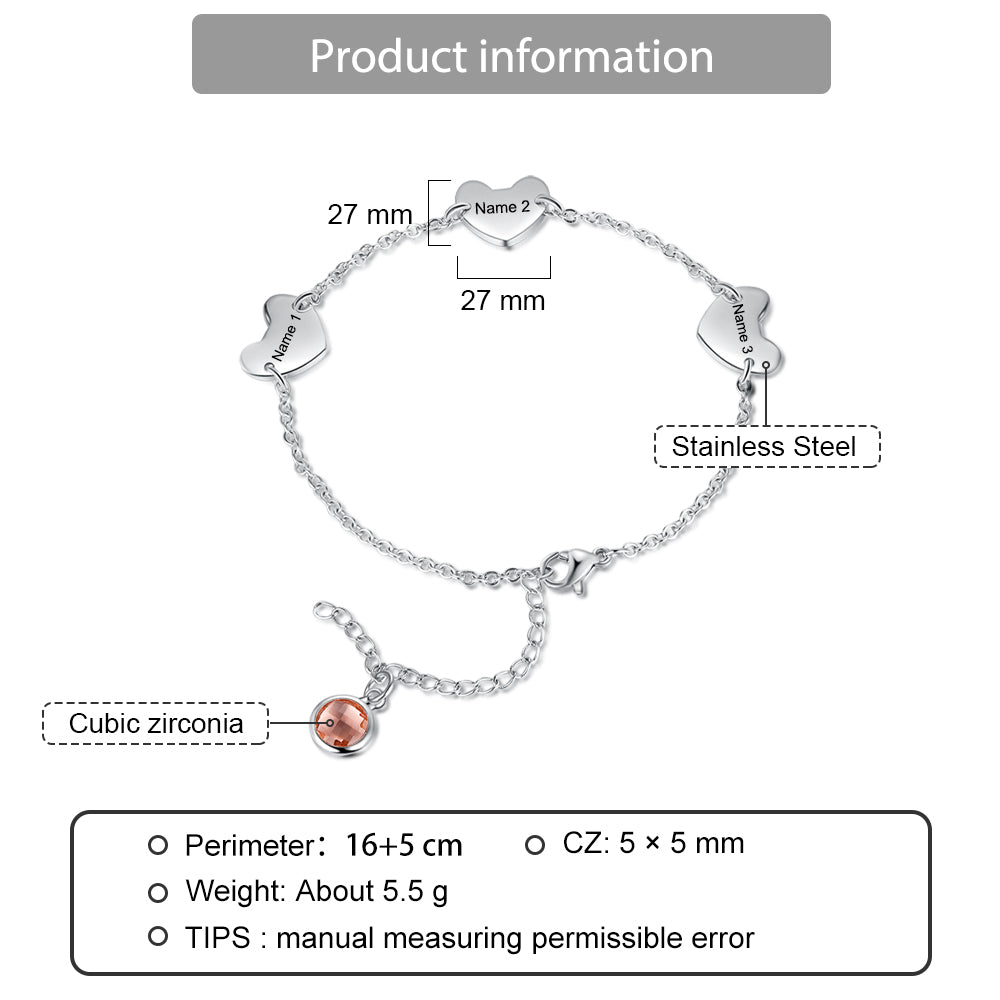 Engraved Stainless Steel Birthstone Heart Charm Bracelet