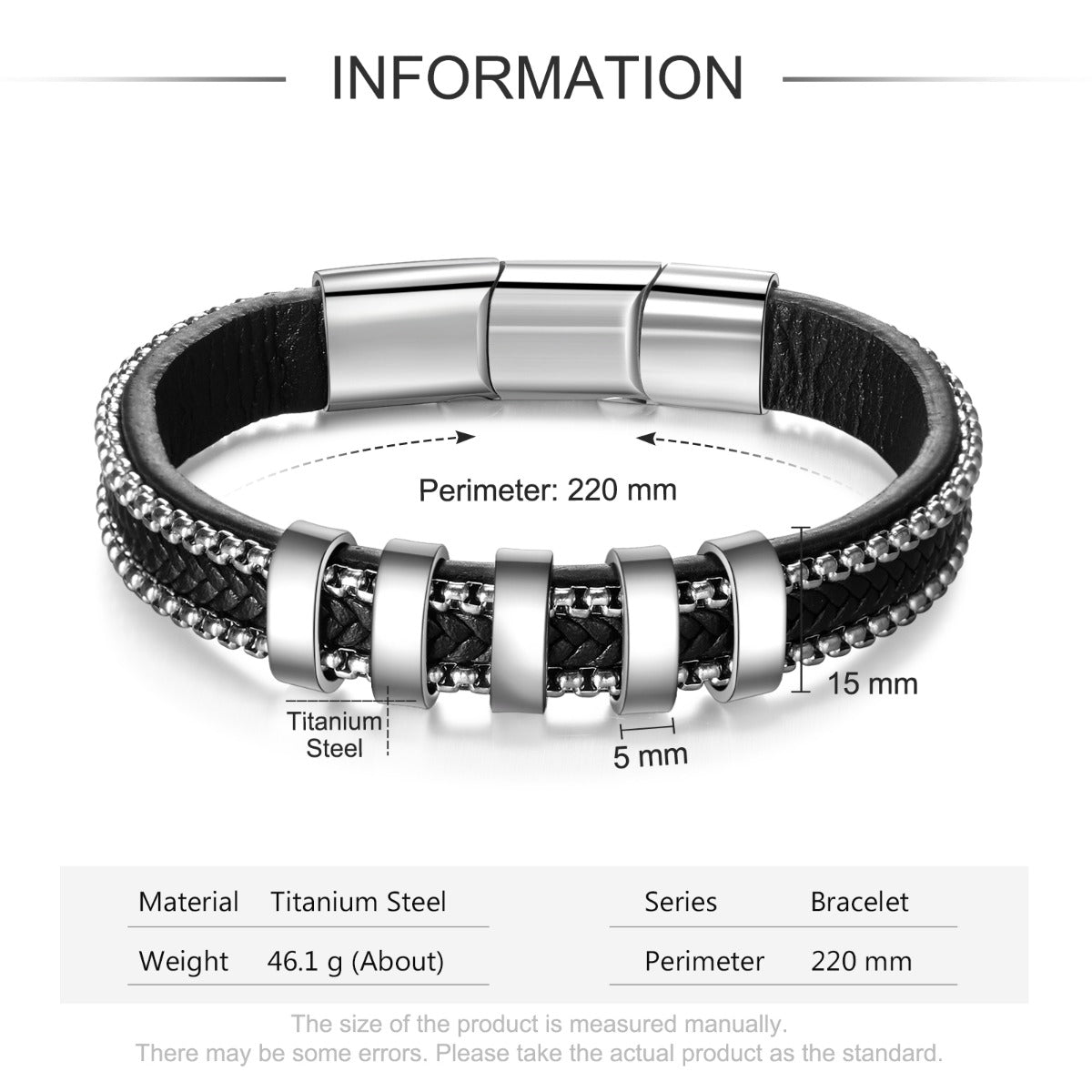 Titanium Steel Black Leather Bracelet