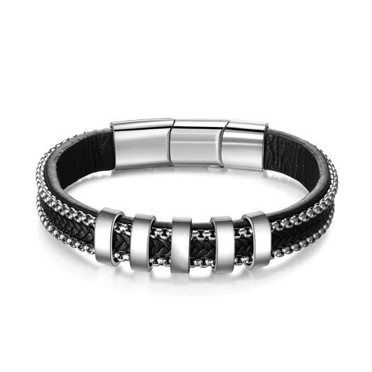 Titanium Steel Black Leather Bracelet
