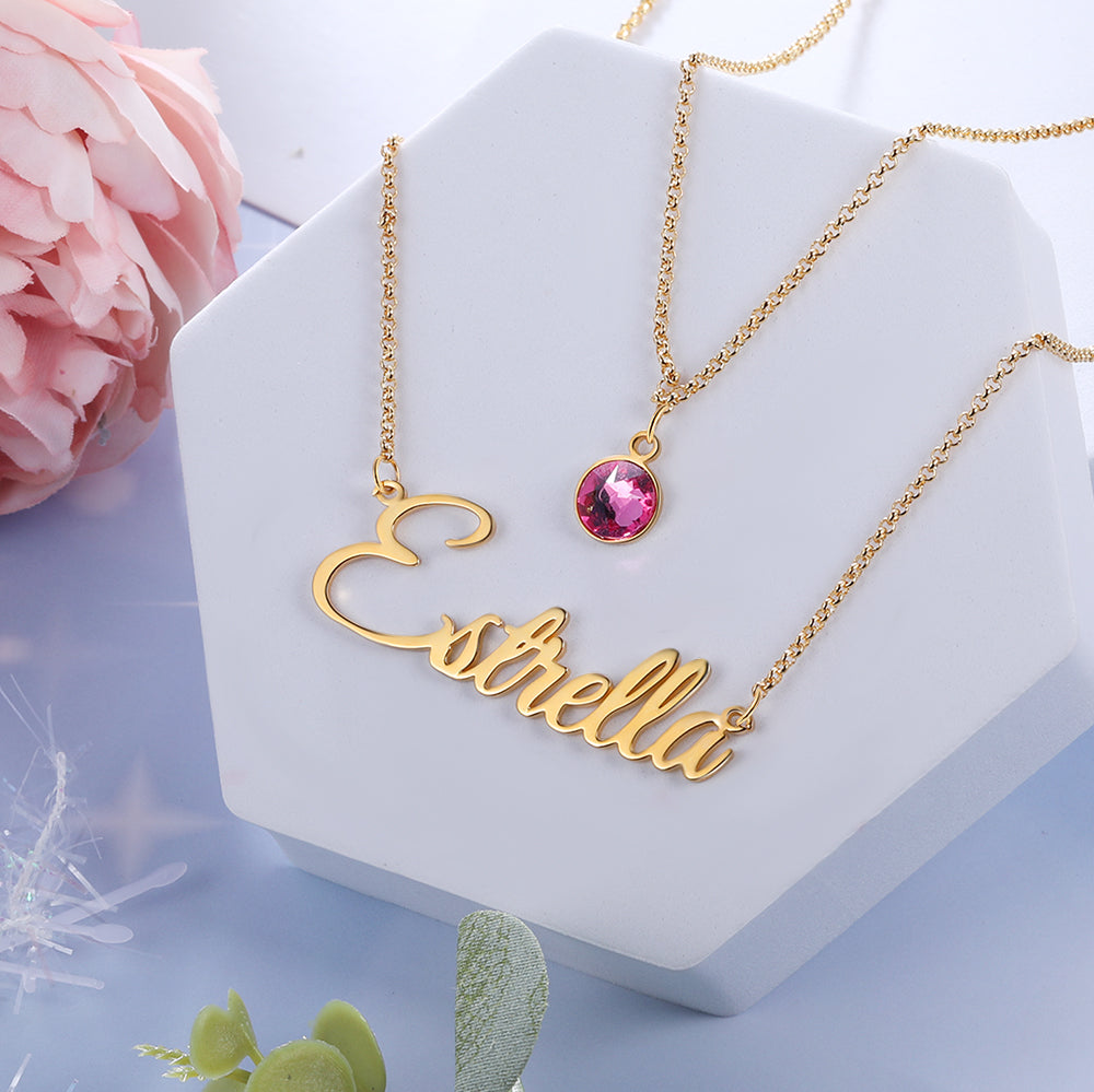 Custom Birthstone ＆ Engraved Name Necklace