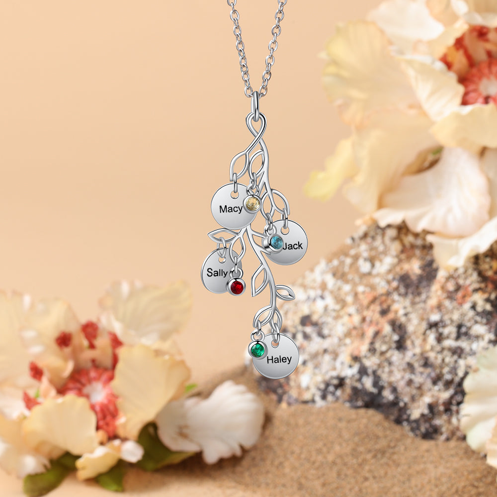 Birthstone & Engraved Rhodium Plated Necklace - iYdr