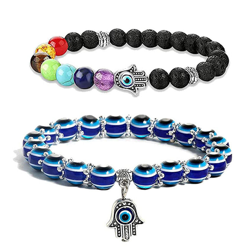 Bracelet 2Pcs /Set 7 Chakra Bead Lava Stone Bracelet Evil Blue Eye Beaded Charm