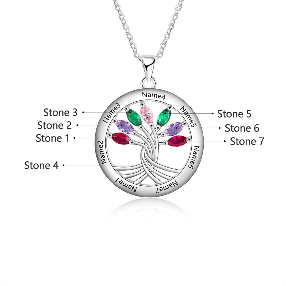925 Sterling Silver Tree of Life Necklace with Seven Birthstones