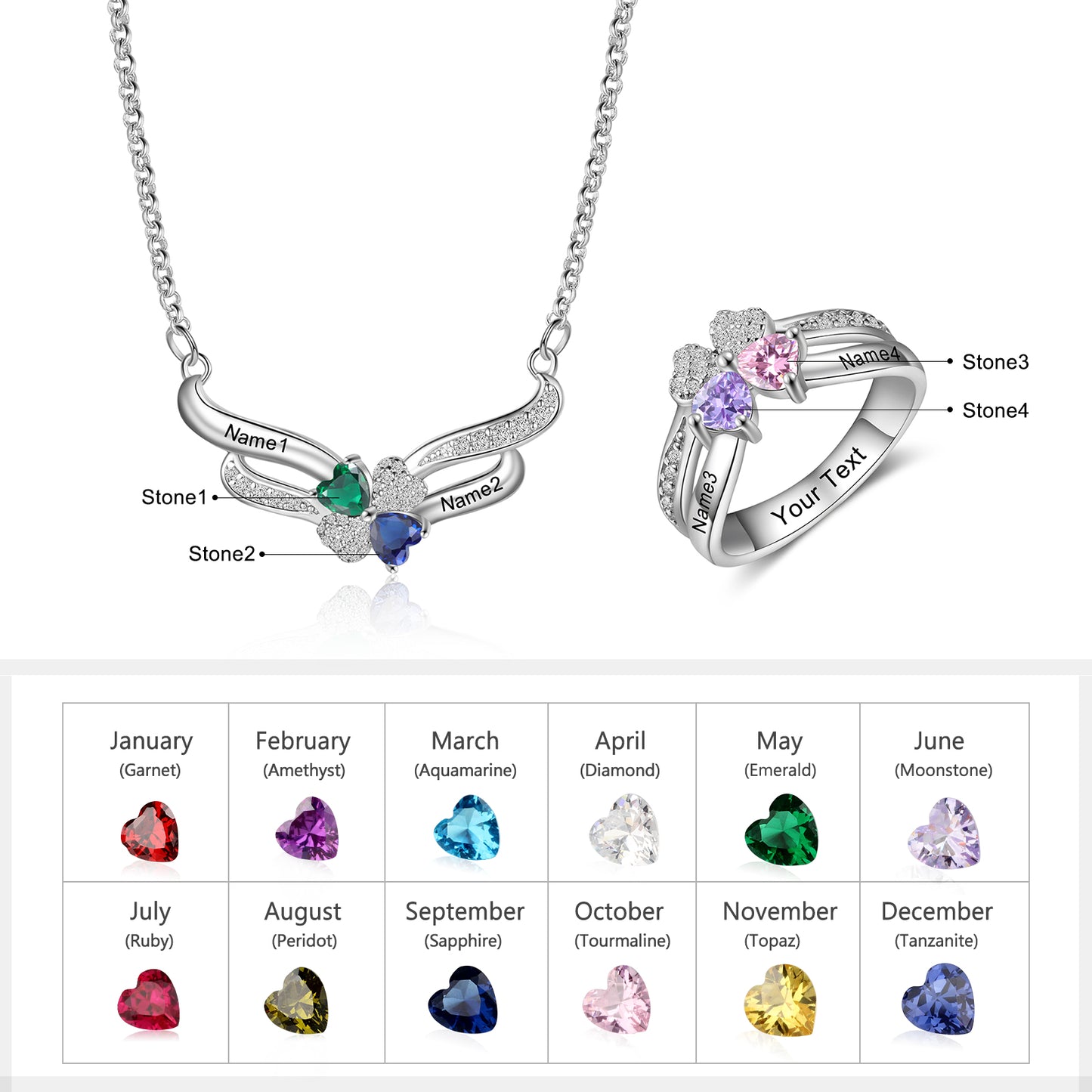 Engraved S925 Silver Jewelry Set with Clover Necklace CZ Ring