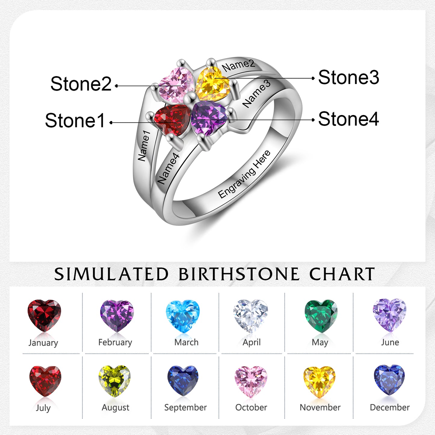 Engraved S925 Silver Heart Birthtsone Ring