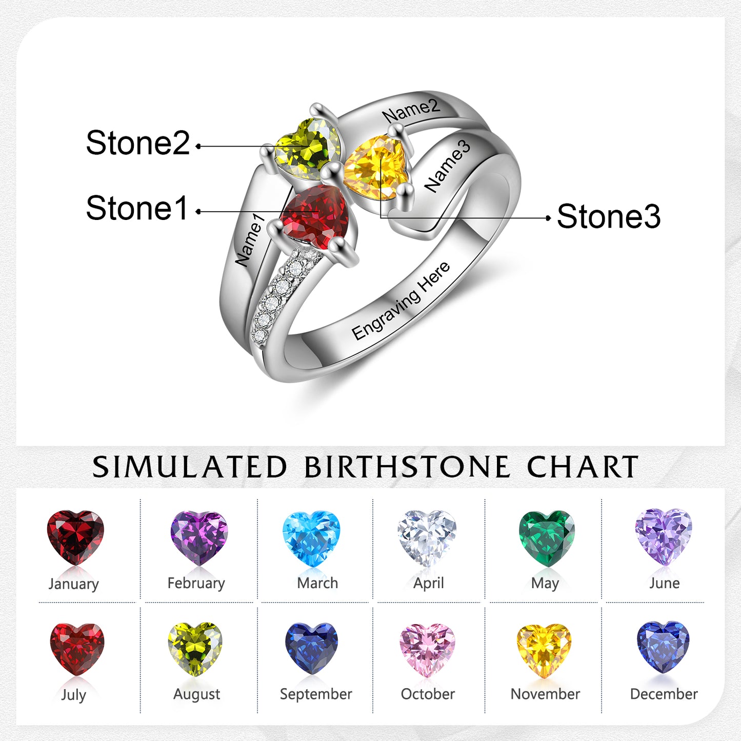 Engraved S925 Silver Heart Birthtsone Ring