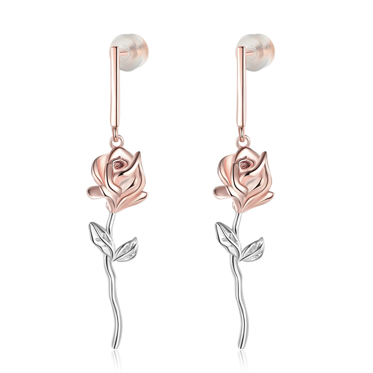 Rhodium Plated Rose Flower Earrings