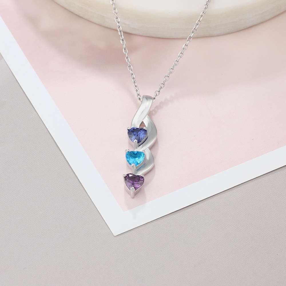 Engraving Names 925 Sterling Silver Three Heart Shape Colorful Birthstones Necklace