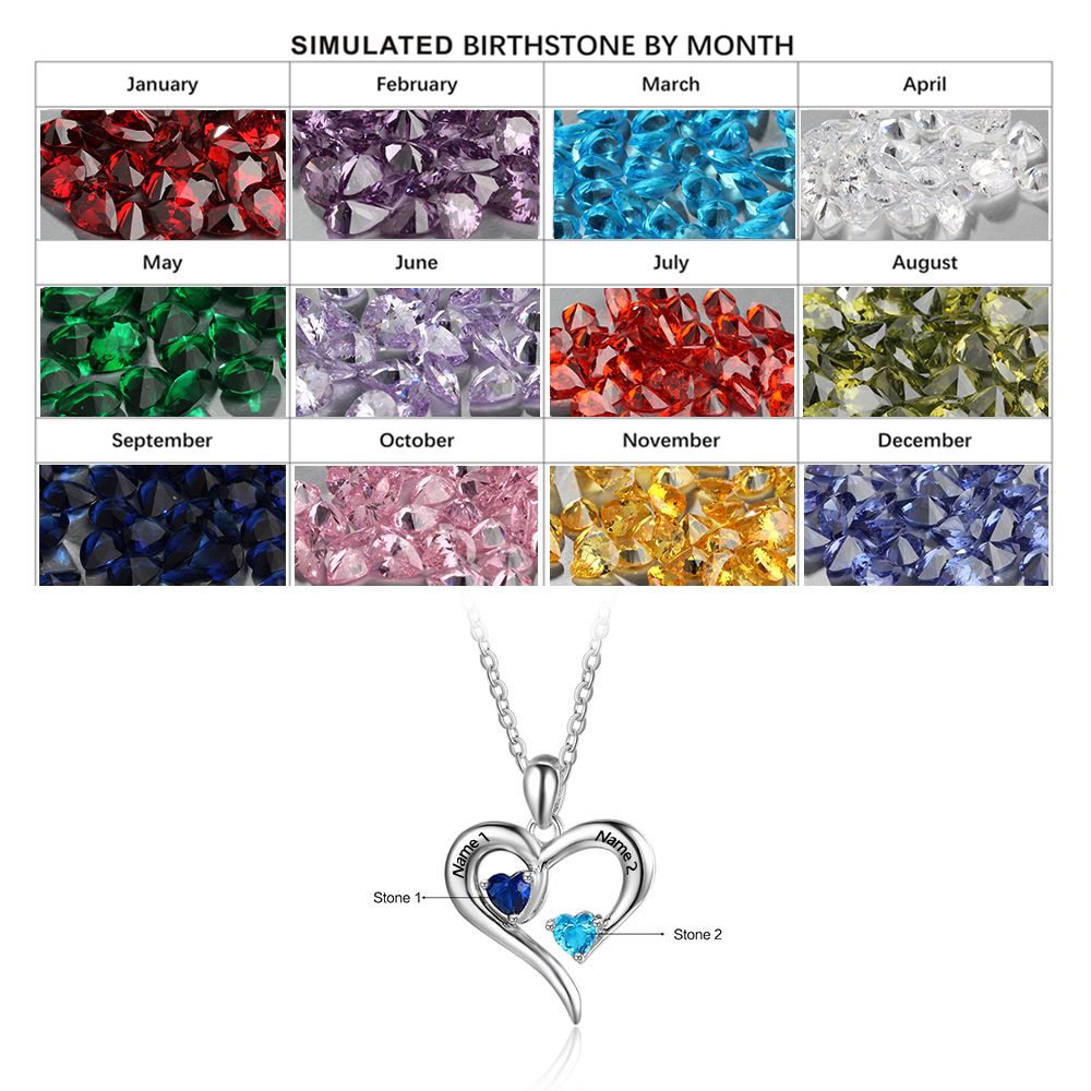 925 Silver Jewelry Two Birthstones Heart Name Necklace