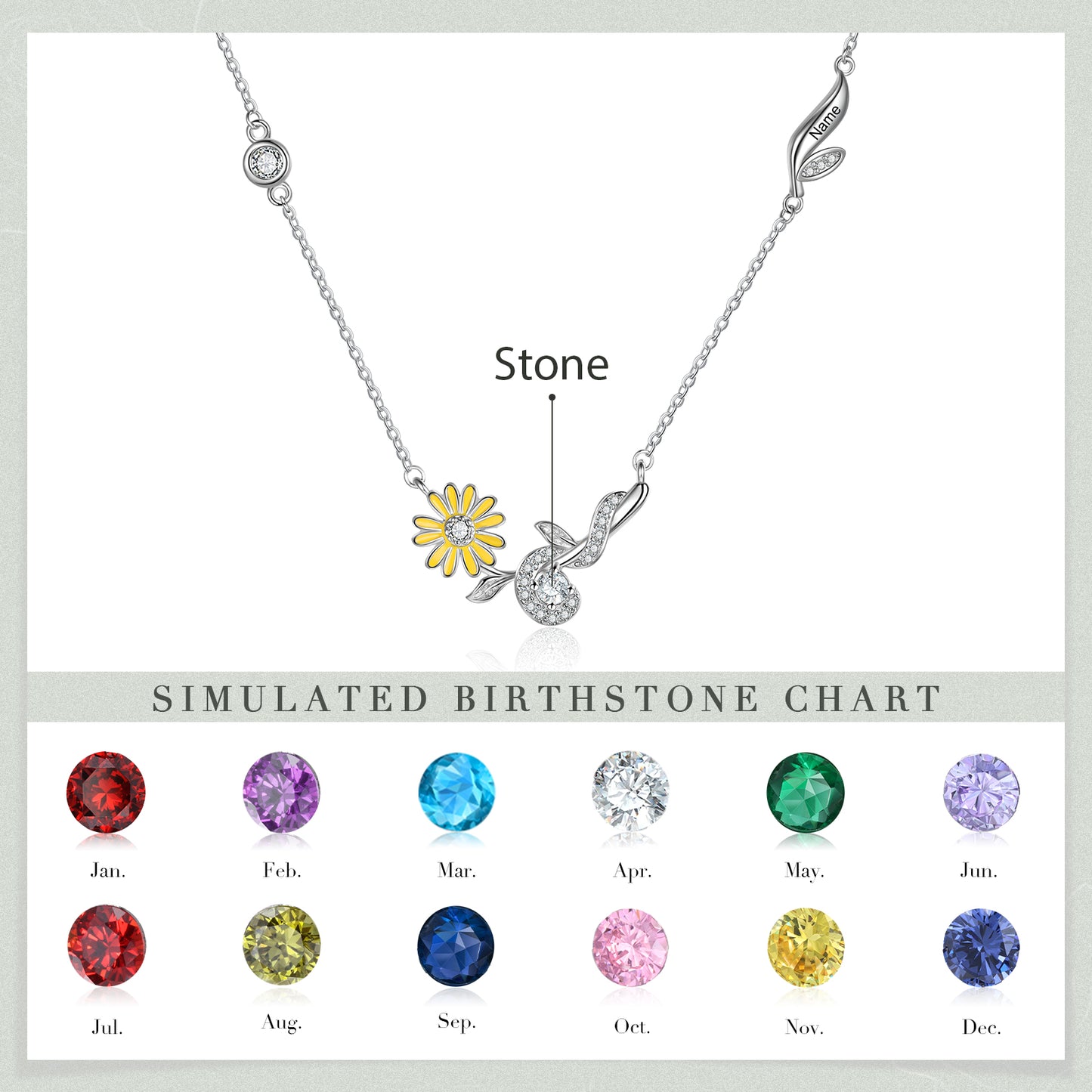 Engraved Rhodium Plated Birthday Stone Birthflower Necklace