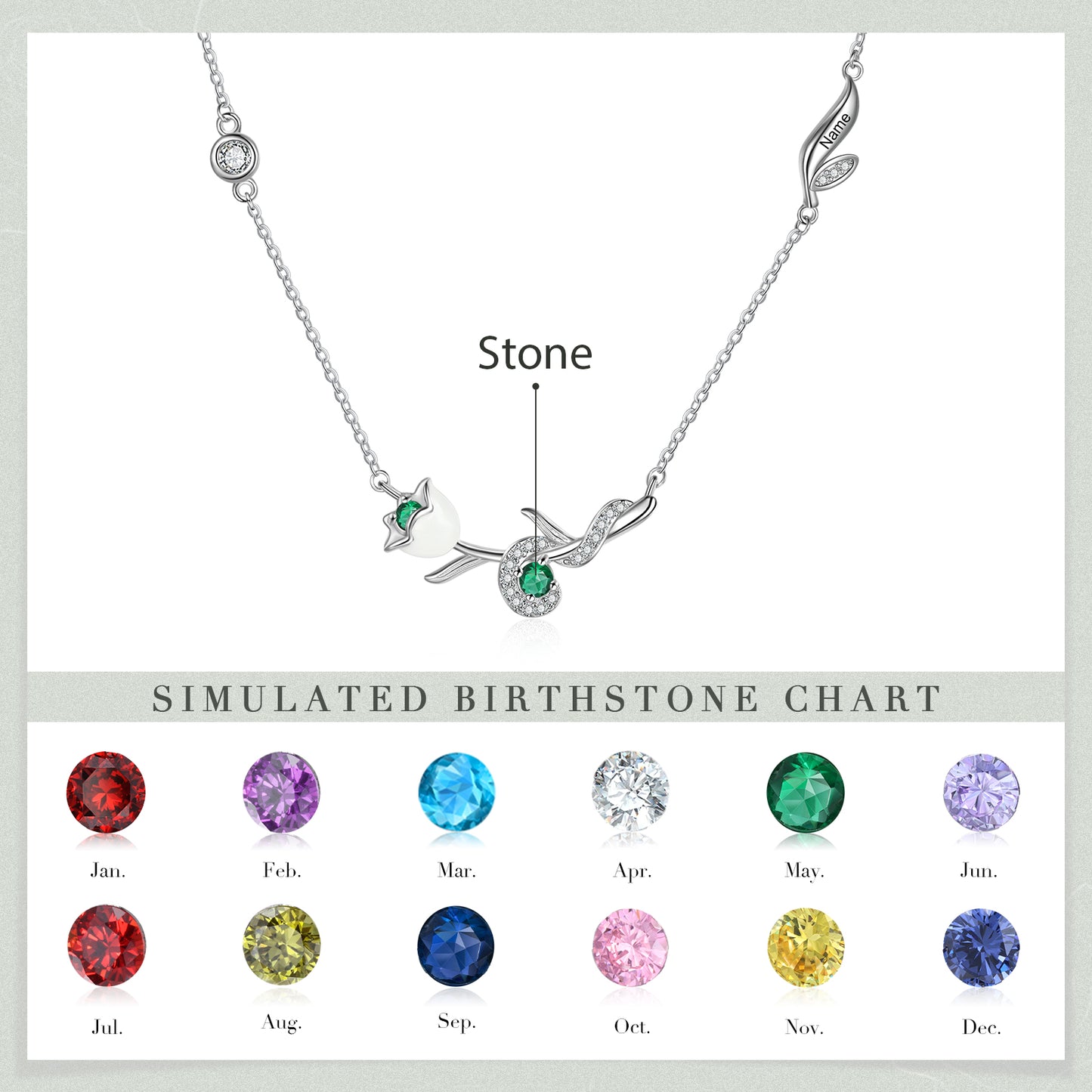 Engraved Rhodium Plated Birthday Stone Birthflower Necklace