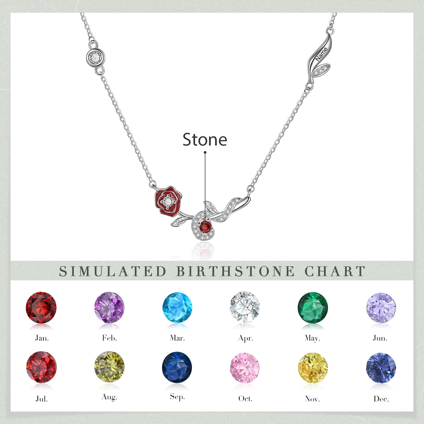 Engraved Rhodium Plated Birthday Stone Birthflower Necklace