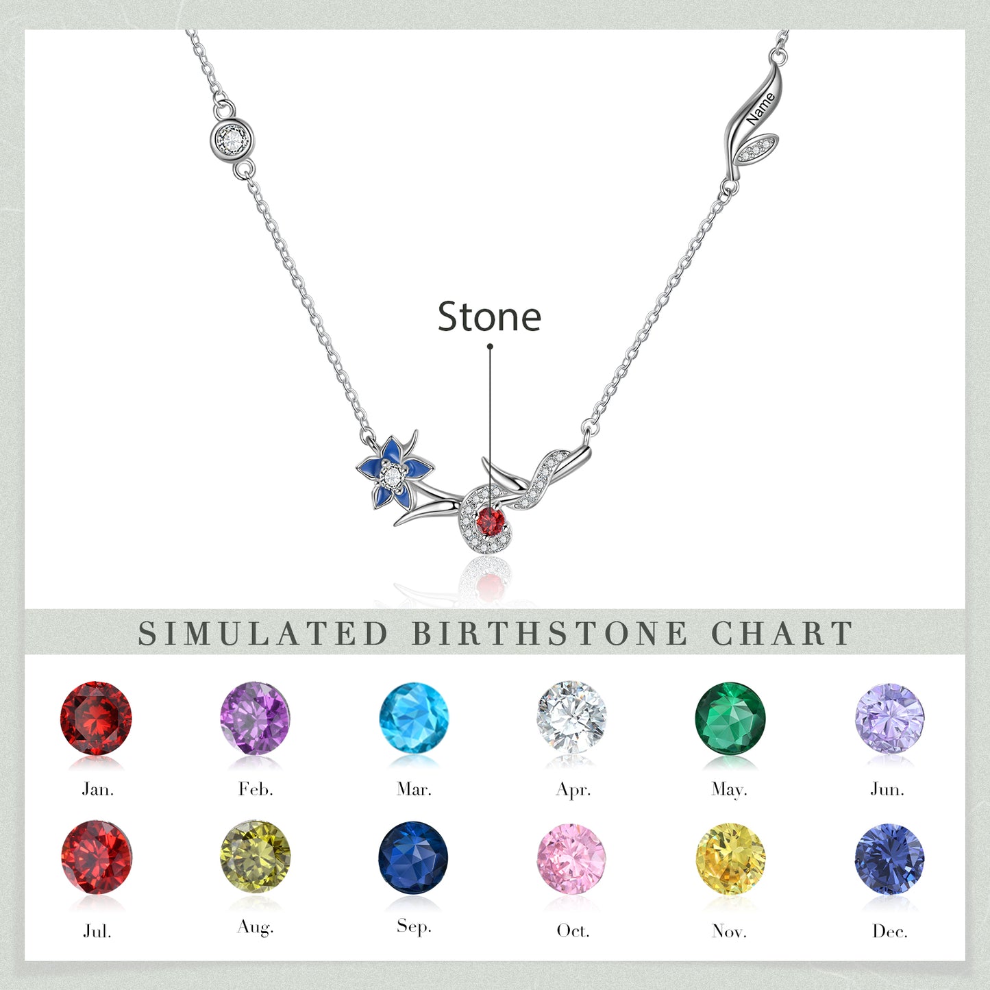 Engraved Rhodium Plated Birthday Stone Birthflower Necklace