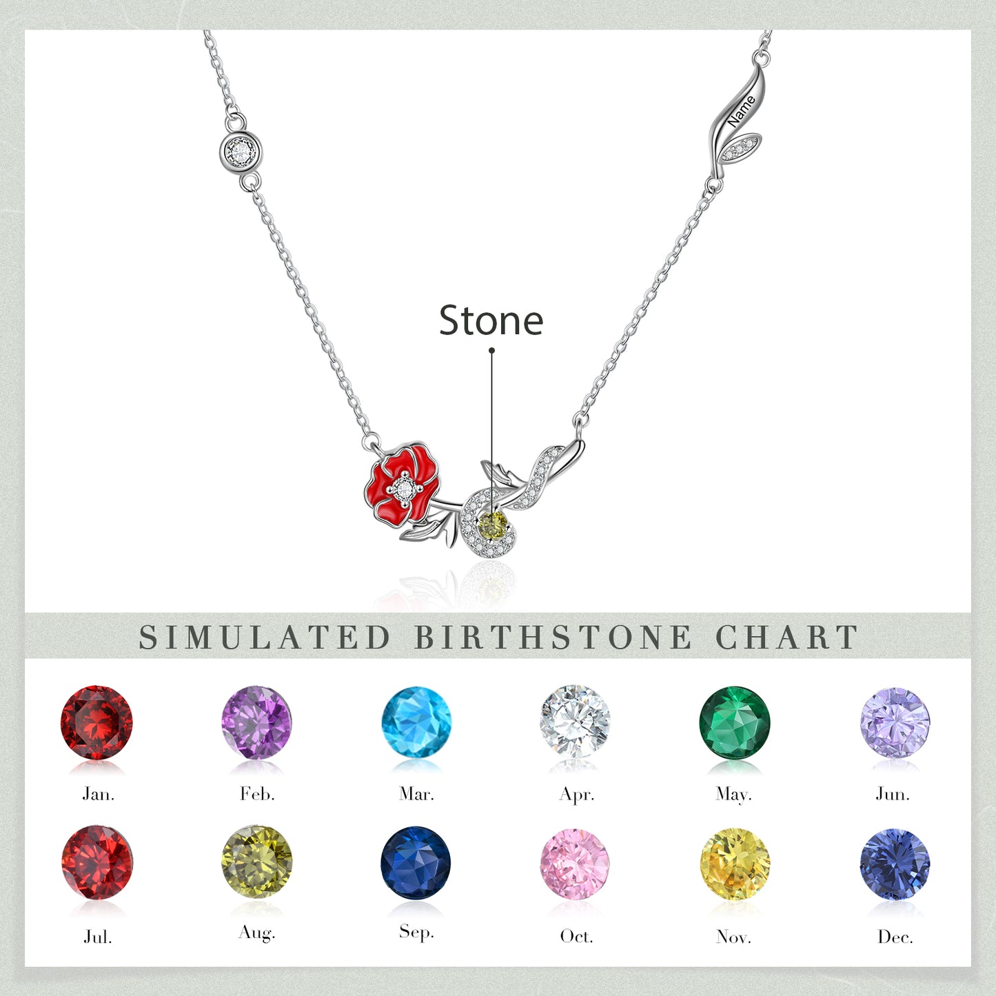 Engraved Rhodium Plated Birthday Stone Birthflower Necklace