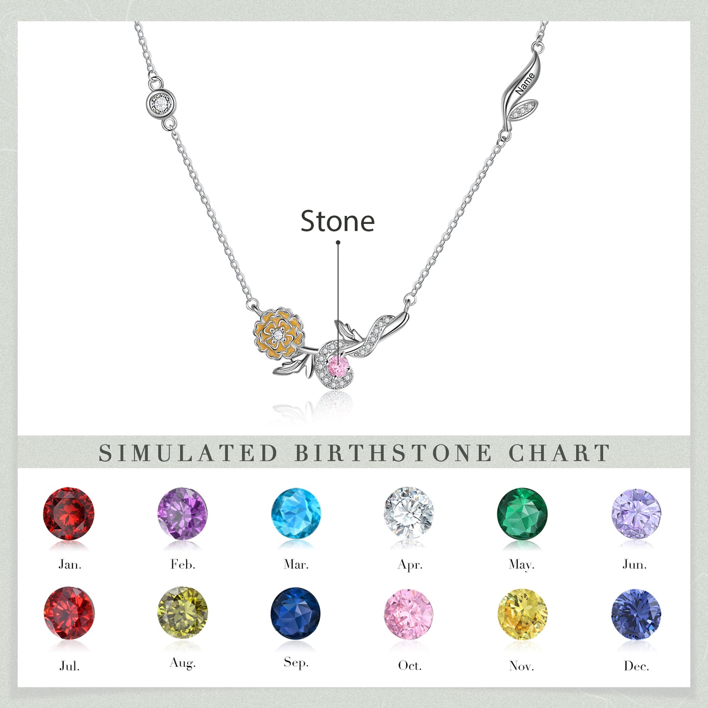 Engraved Rhodium Plated Birthday Stone Birthflower Necklace