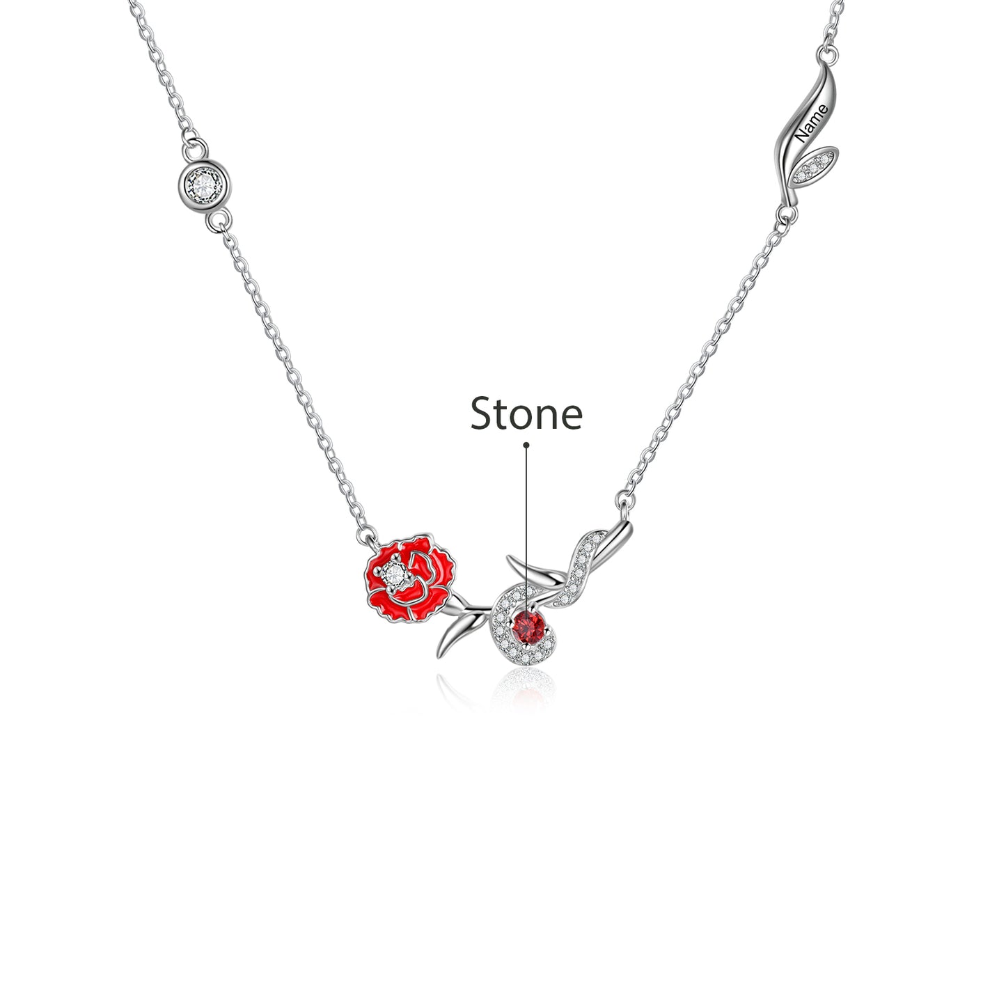 Engraved Rhodium Plated Birthday Stone Birthflower Necklace