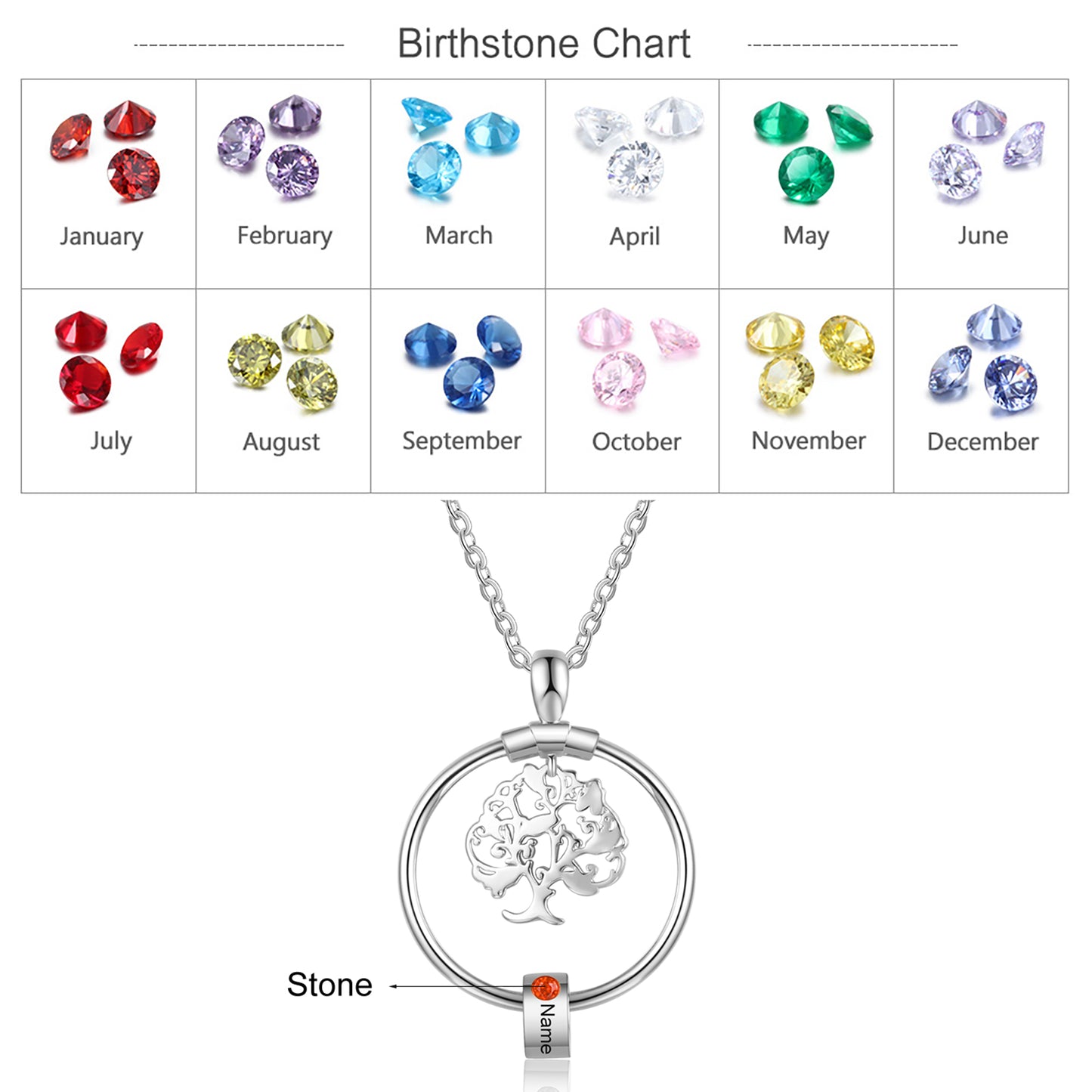 Birthstone & Engraved Life Tree Necklace