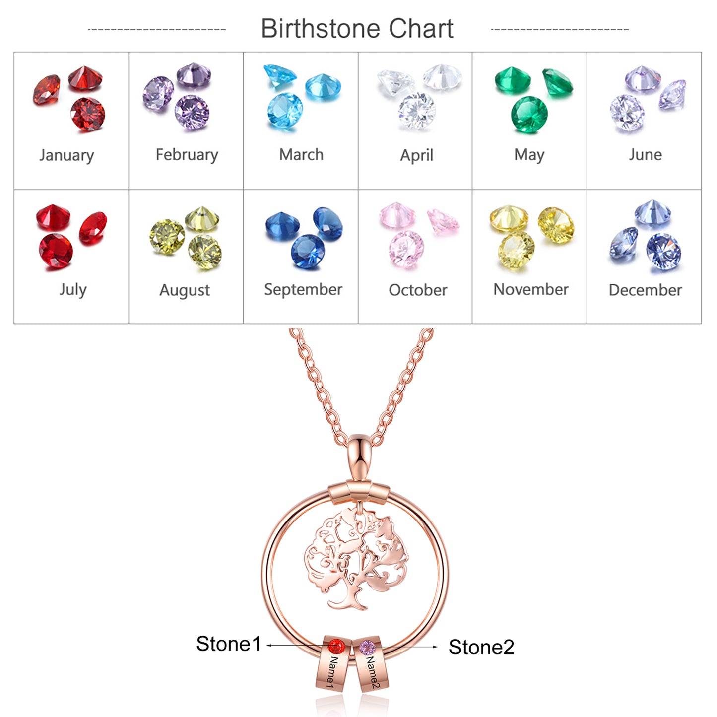 Birthstone & Engraved Life Tree Necklace