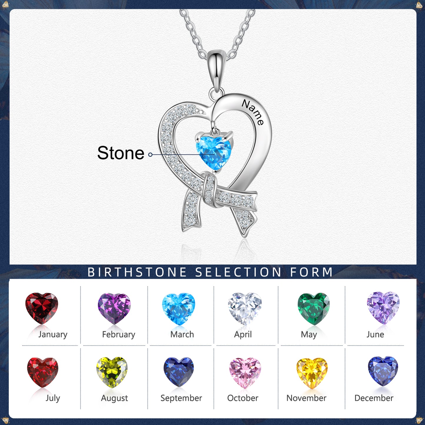 S925 Silver Birthstone Heart Shape Pendant Necklace