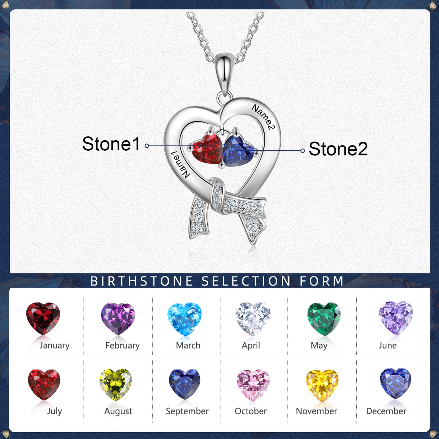 S925 Silver Birthstone Heart Shape Pendant Necklace