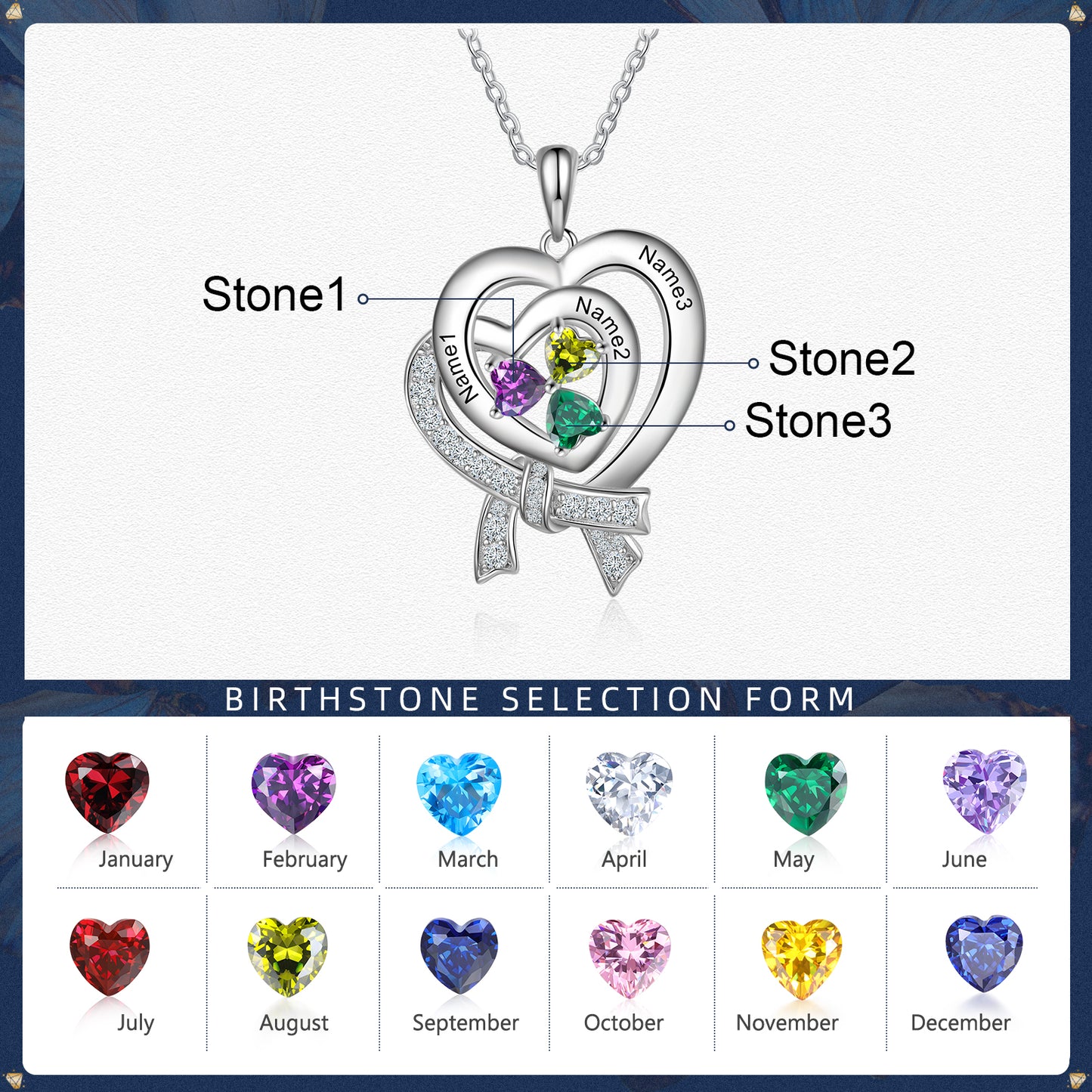 S925 Silver Birthstone Heart Shape Pendant Necklace