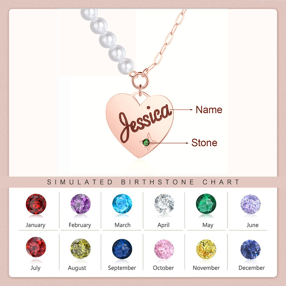 Personalized Birthstone Heart Pearl Name Necklace