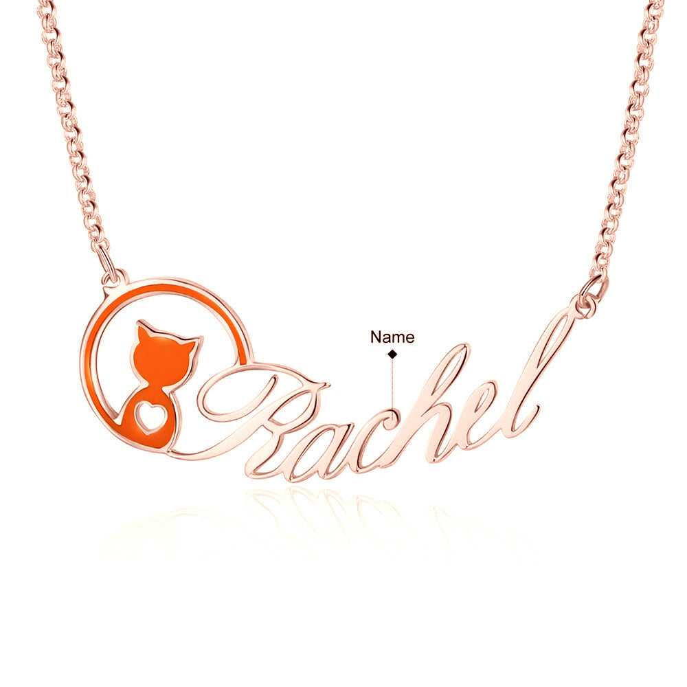 Personalized Rhodium Plated Animal Cat Name Necklace