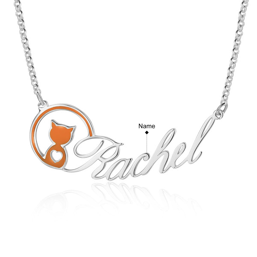 Personalized Rhodium Plated Animal Cat Name Necklace