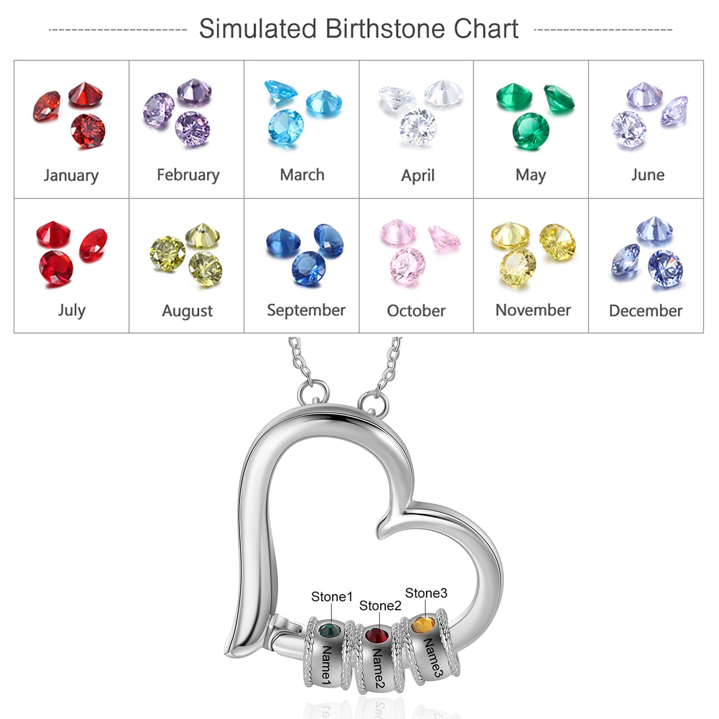 Birthstone & Engraved Rhodium plated Necklace