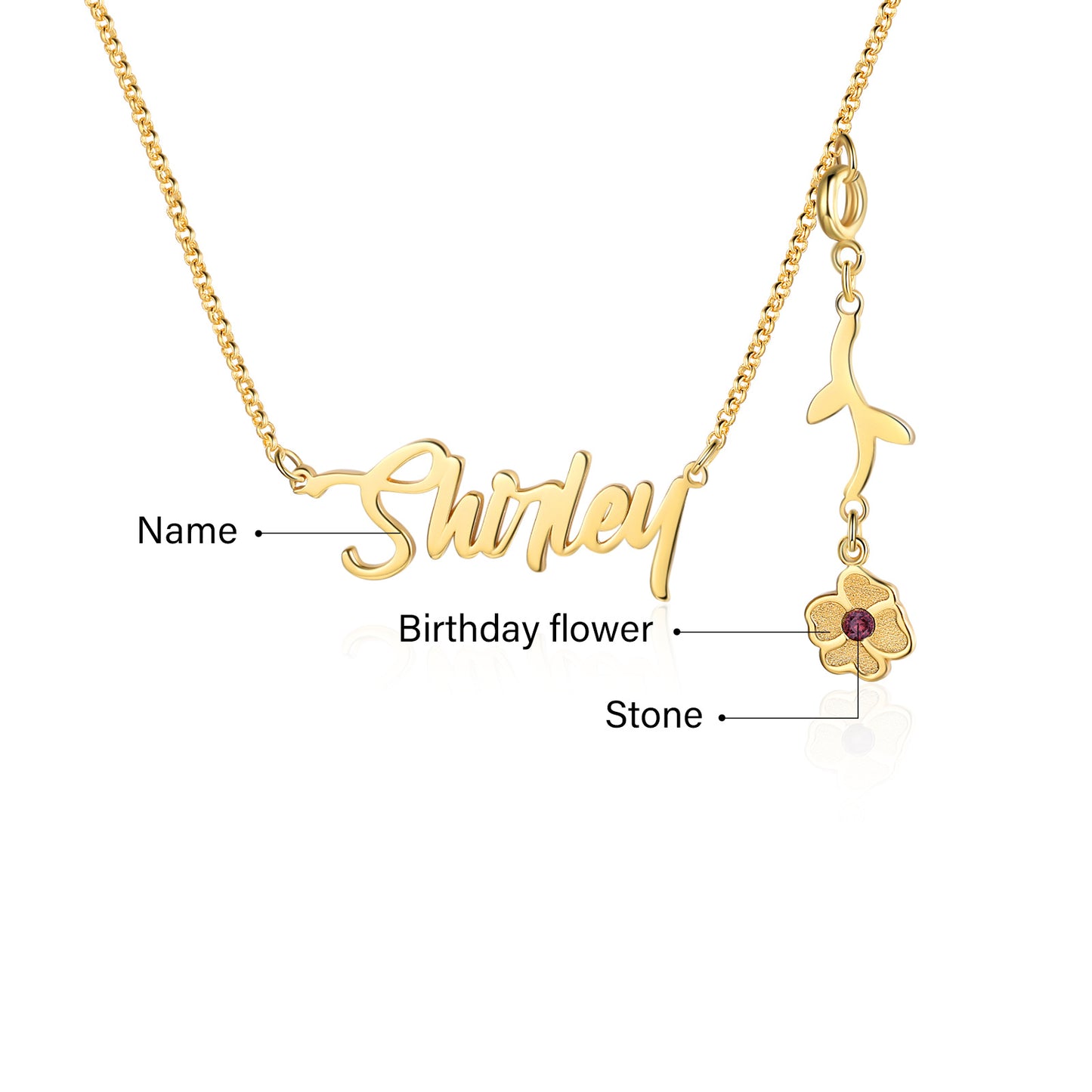 Personalized Rhodium Plated Birthflower Name Pendant Necklace