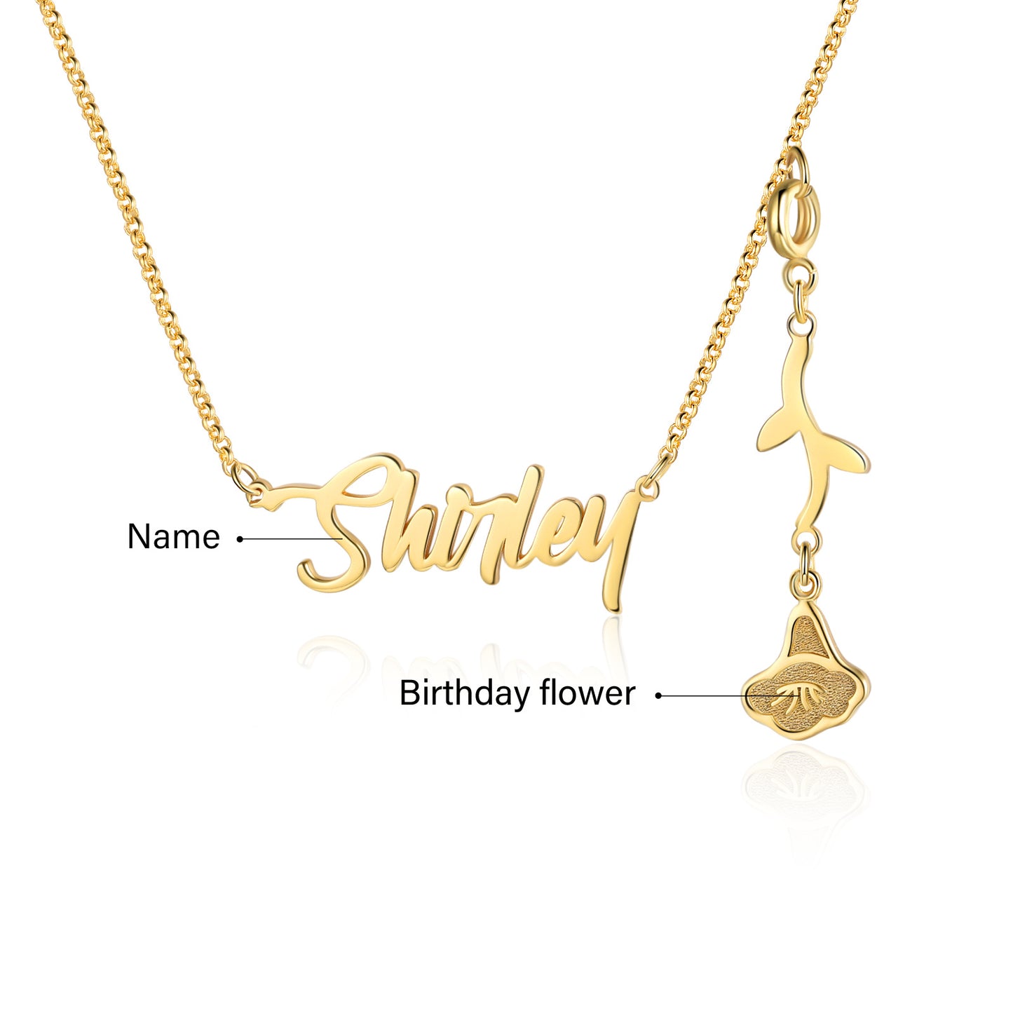 Personalized Rhodium Plated Birthflower Name Pendant Necklace