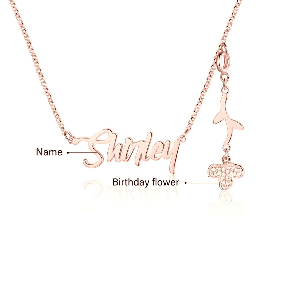 Personalized Rhodium Plated Birthflower Name Pendant Necklace