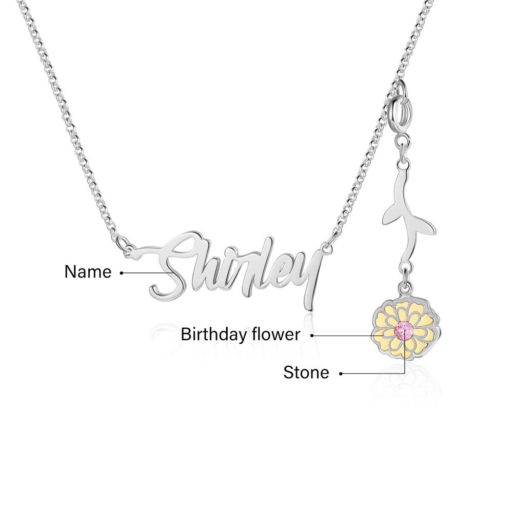 Personalized Rhodium Plated Birthflower Name Pendant Necklace