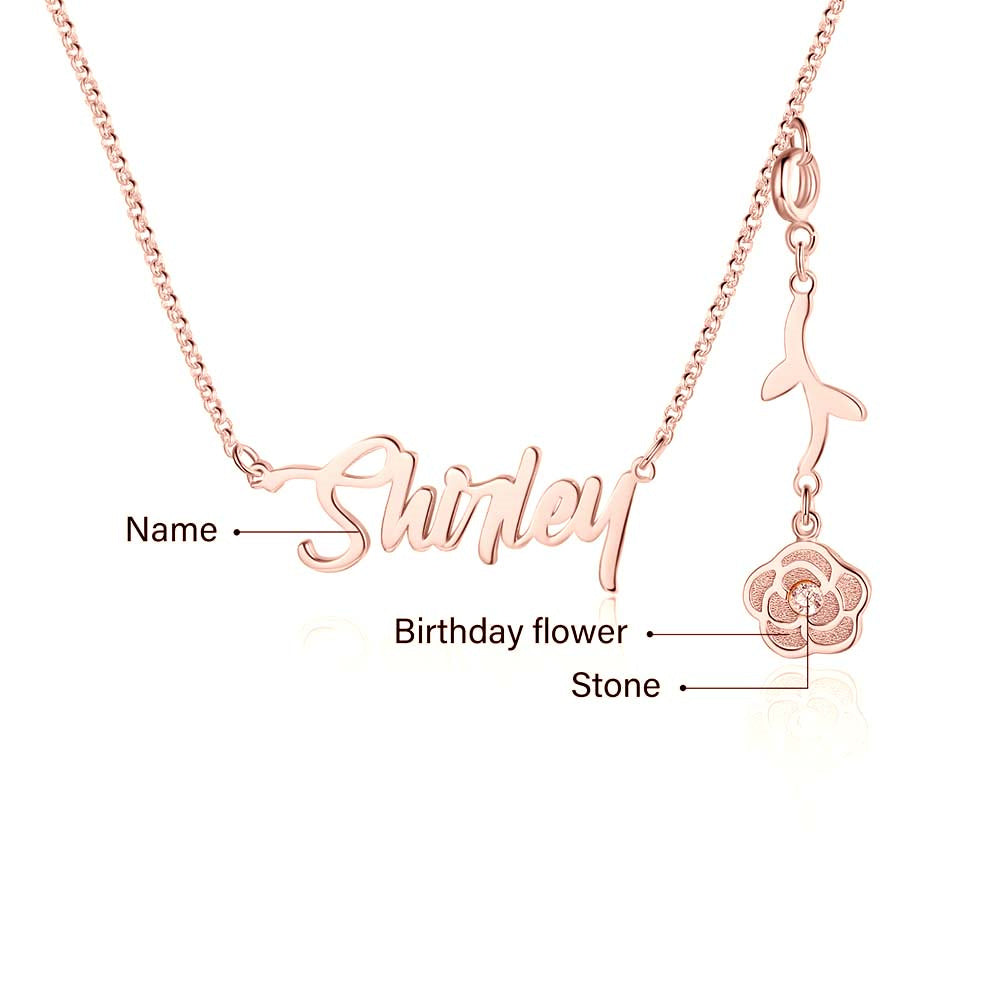 Personalized Rhodium Plated Birthflower Name Pendant Necklace