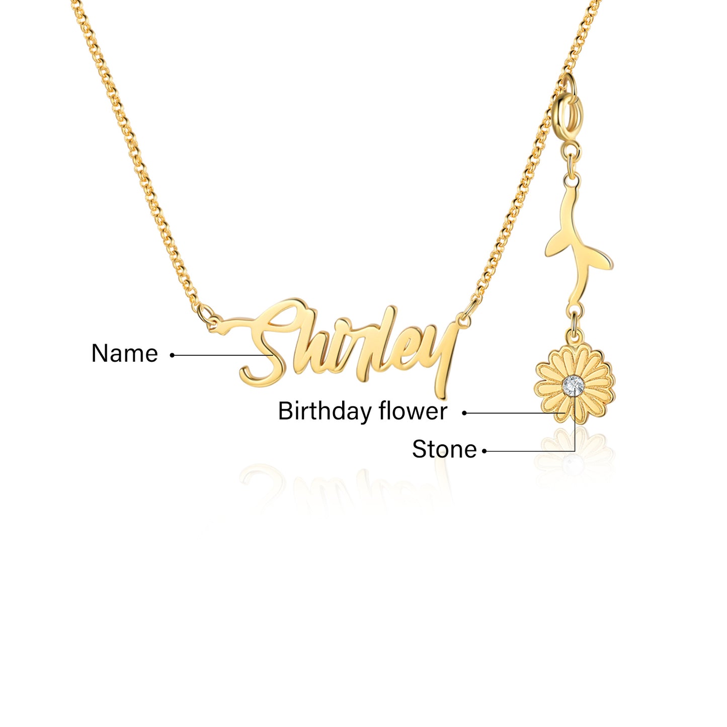 Personalized Rhodium Plated Birthflower Name Pendant Necklace