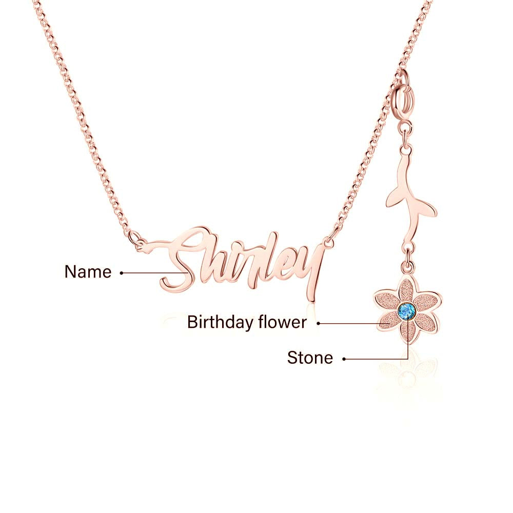 Personalized Rhodium Plated Birthflower Name Pendant Necklace