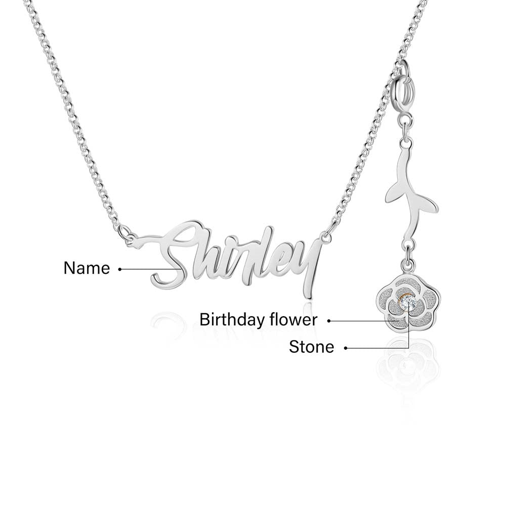 Personalized Rhodium Plated Birthflower Name Pendant Necklace