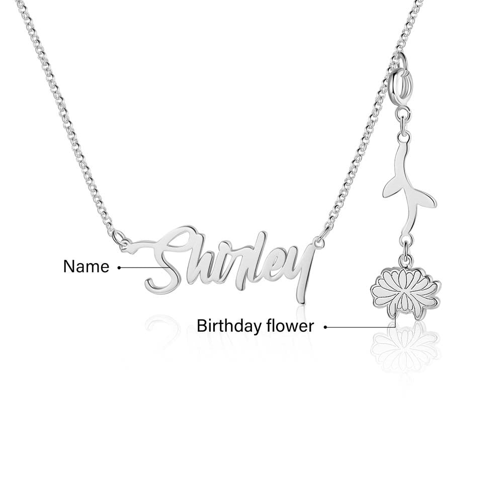 Personalized Rhodium Plated Birthflower Name Pendant Necklace