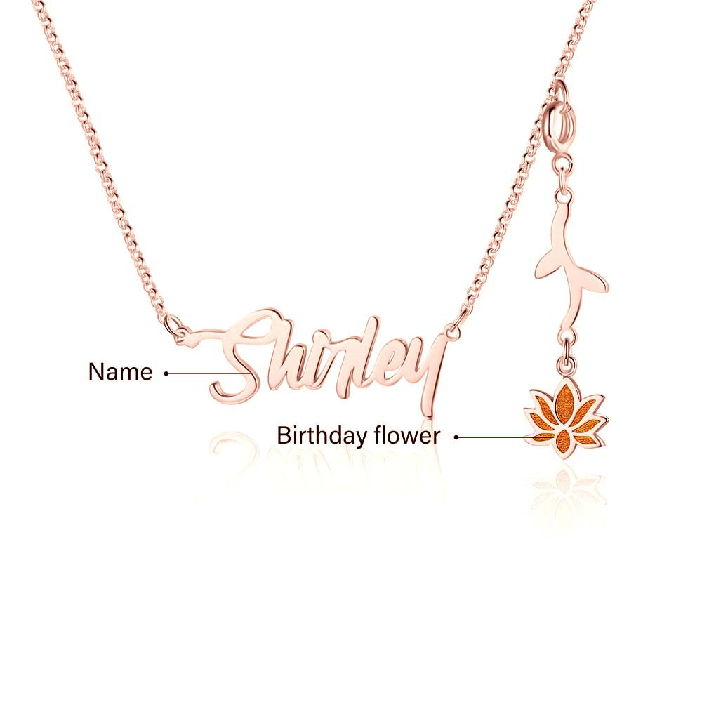 Personalized Rhodium Plated Birthflower Name Pendant Necklace