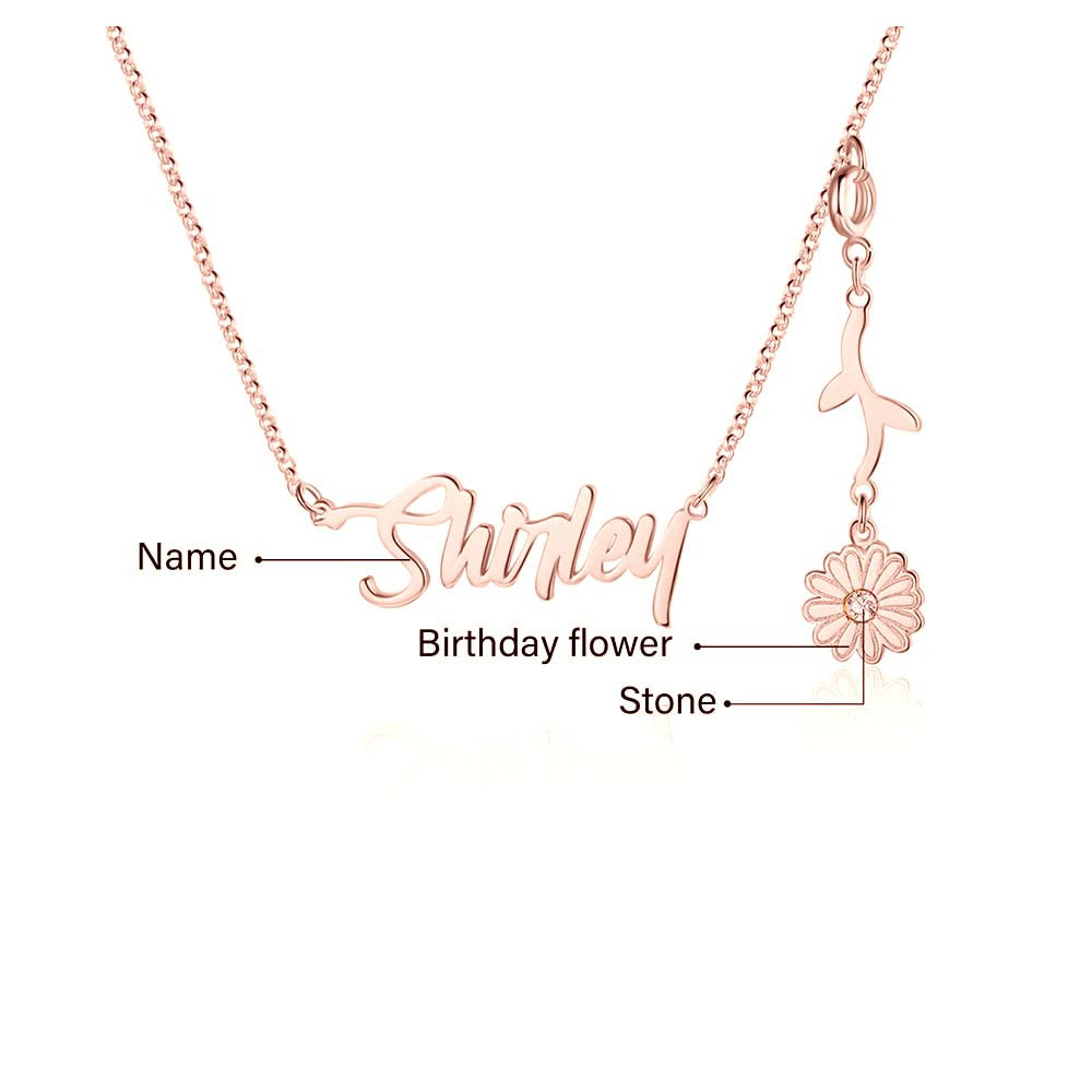 Personalized Rhodium Plated Birthflower Name Pendant Necklace