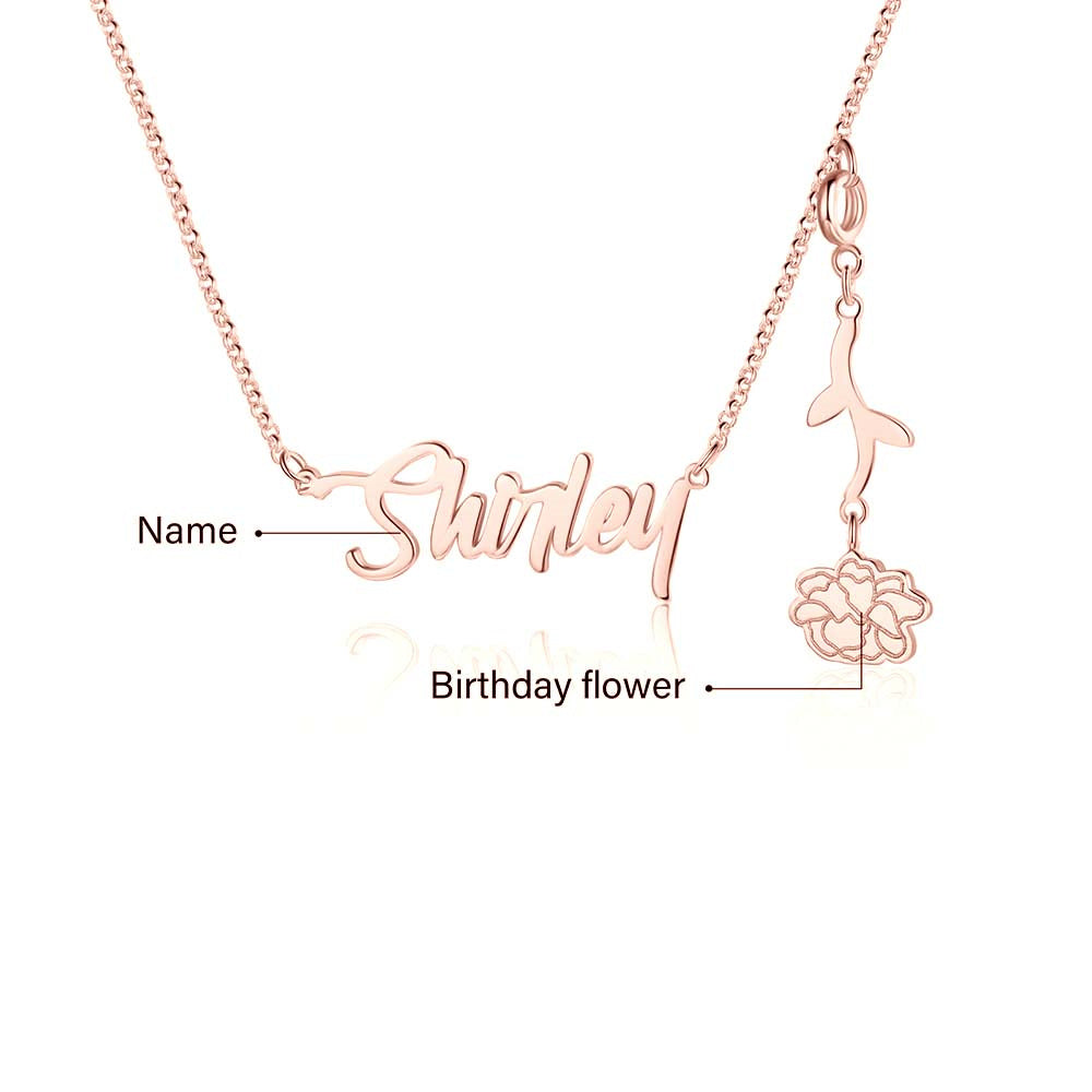 Personalized Rhodium Plated Birthflower Name Pendant Necklace