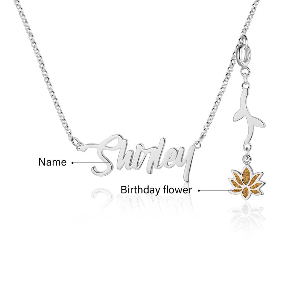 Personalized Rhodium Plated Birthflower Name Pendant Necklace