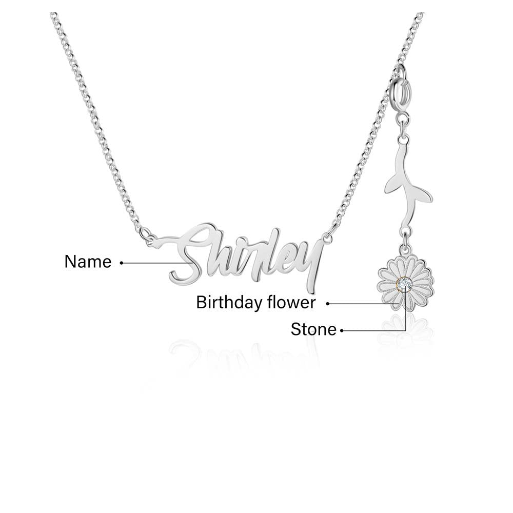 Personalized Rhodium Plated Birthflower Name Pendant Necklace