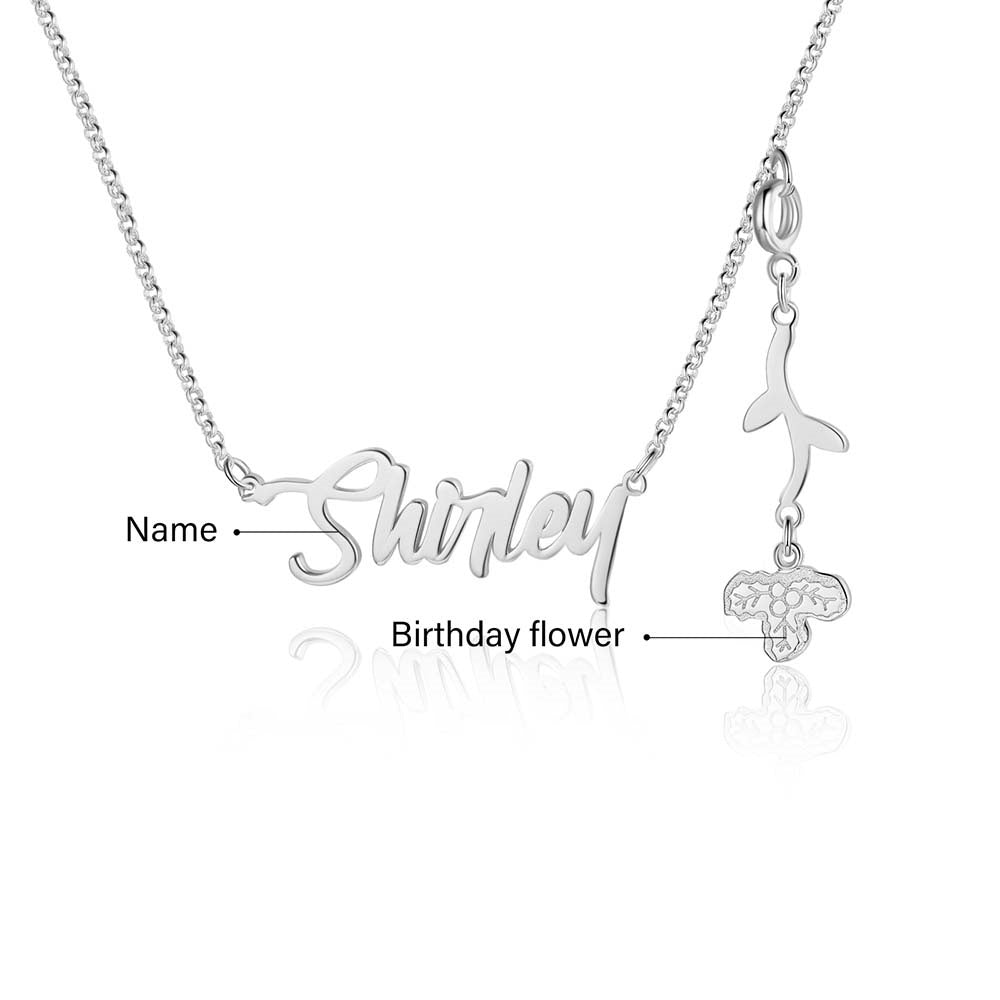 Personalized Rhodium Plated Birthflower Name Pendant Necklace