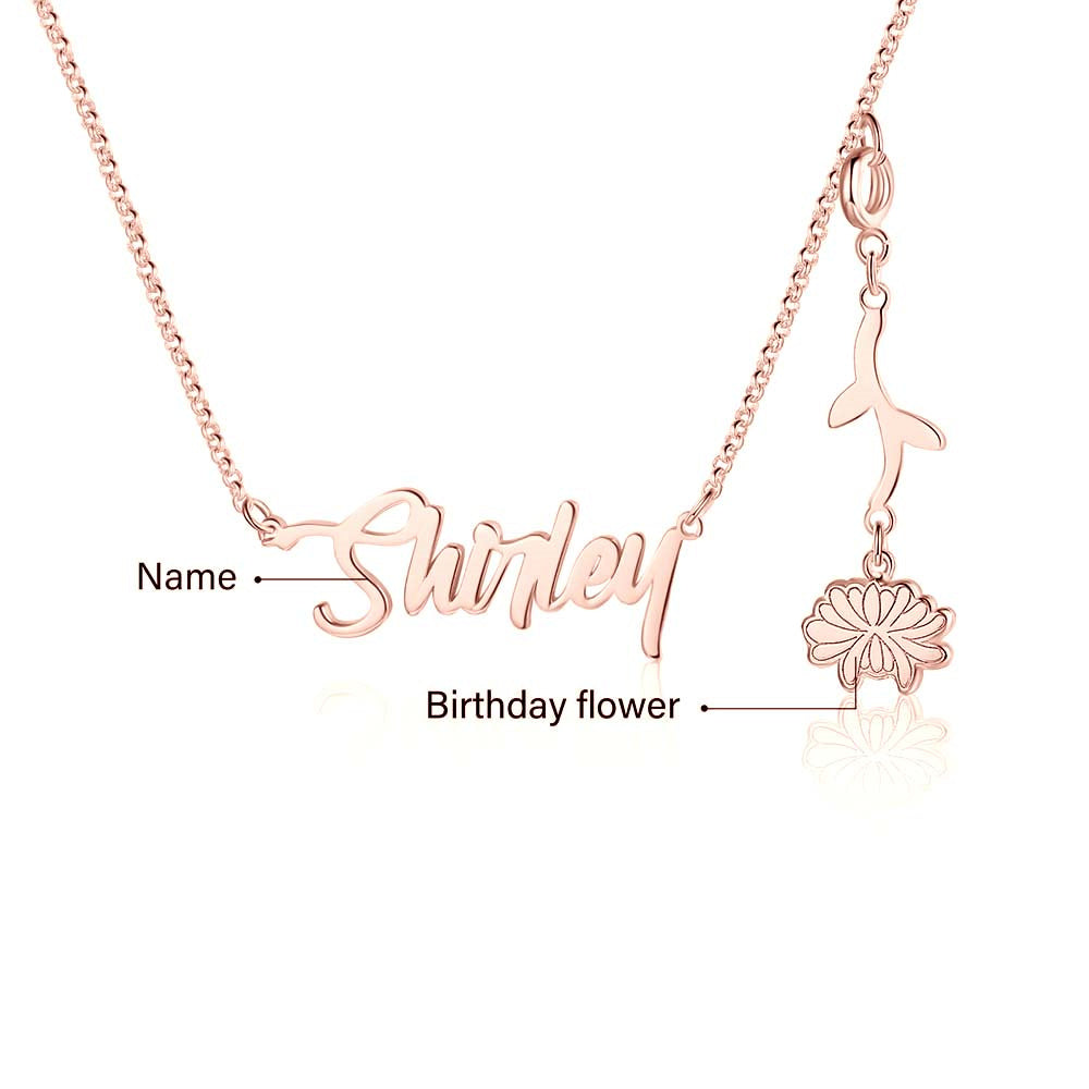 Personalized Rhodium Plated Birthflower Name Pendant Necklace